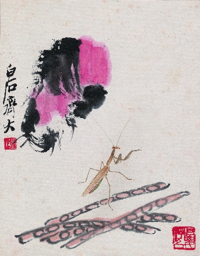 历代国画.源文件.工虫八开的国画作品-齐白石工虫八开 豇豆螳螂