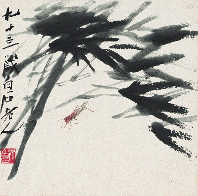 历代国画.源文件.花卉草虫册页（17开）重复5的国画作品-1086-修竹蚱蜢图