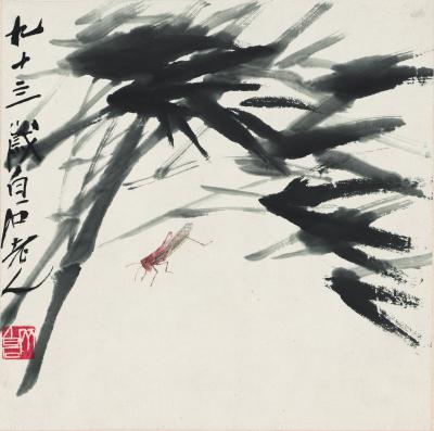 历代国画.源文件.花卉草虫册页（17开）重复5的国画作品-1086-修竹蚱蜢图