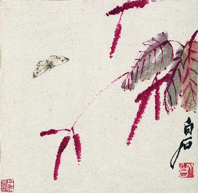 历代国画.花卉草虫册页（17开）重复5.380dpi的国画作品-68齐白石 红蓼彩蝶图32.8-33.6