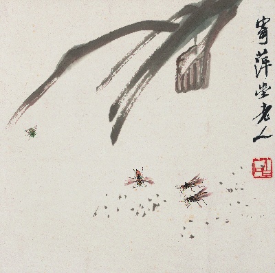 历代国画.源文件.花果草虫二四开册页25张的国画作品-1085-白石老人花果草虫册-多蜂图