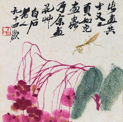 历代国画.源文件.花果草虫二四开册页25张的国画作品-1085-白石老人花果草虫册-独步螳螂图