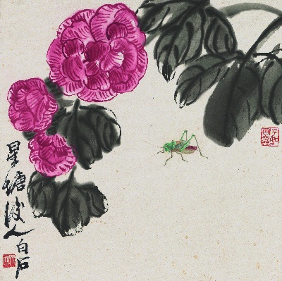 历代国画.源文件.花果草虫二四开册页25张的国画作品-1085- 白石老人花果草虫册-花卉蝈蝈图