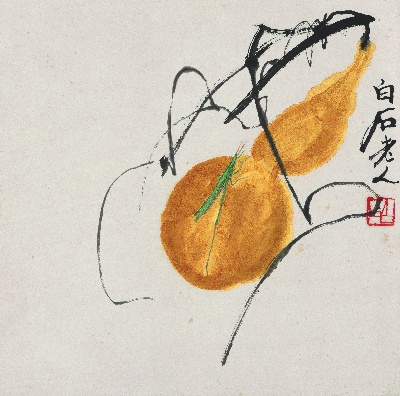 历代国画.源文件.花果草虫二四开册页25张的国画作品-1085- 白石老人花果草虫册-葫芦螳螂图