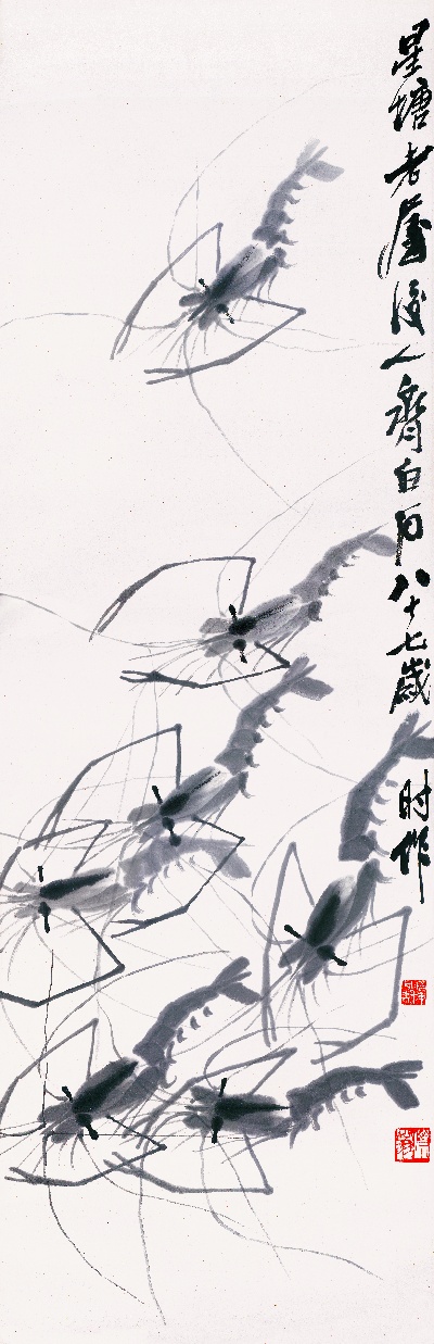 历代国画.源文件.虾13张的国画作品-齐白石 墨虾图 星塘老屋后人齐白石八十七岁时作 33×103