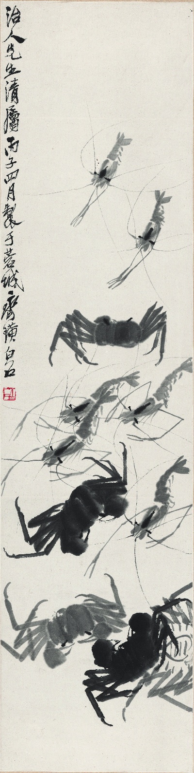 历代国画.源文件.虾13张的国画作品-齐白石 虾蟹图 治人先生清属 35×137