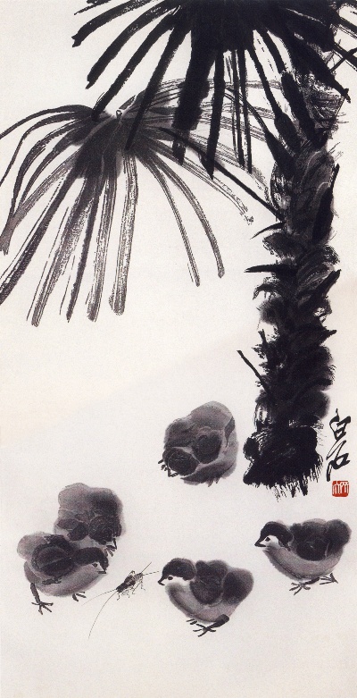 历代国画.源文件.鸡5张的国画作品-齐白石  棕榈小鸡