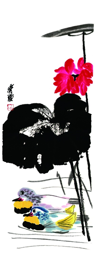 历代国画.源文件.齐白石的国画作品-22齐白石《荷花鸳鸯》