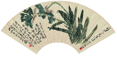 历代国画.源文件.齐白石扇面集18开的国画作品-齐白石 蝴蝶兰图扇 纸本 49x24