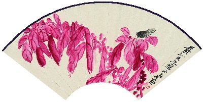 历代国画.源文件.齐白石扇面集18开的国画作品-齐白石 鸣蝉老少年图扇 纸本49x24