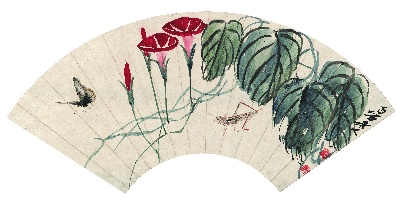 历代国画.源文件.齐白石扇面集18开的国画作品-1865-齐白石-蟋蟀蝴蝶扇