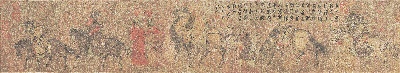 国画印刷版.五代的国画作品-五代 (旧传胡环)番骑图 绢本26.2x143