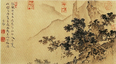 国画印刷版.元的国画作品- 张观卷 山林清趣图 30x54．7