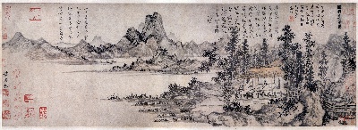 国画印刷版.元的国画作品- 赵原 陆羽烹茶图 27x78(日单)台北