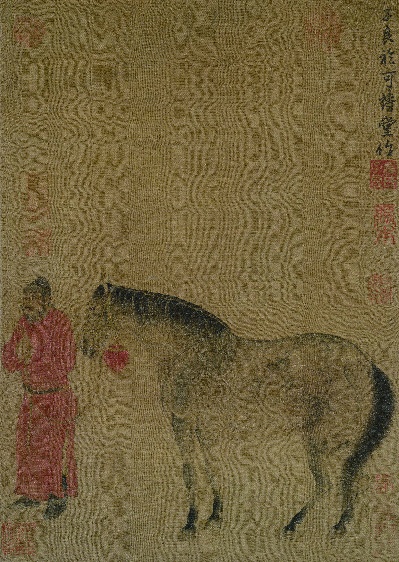 国画印刷版.元的国画作品- 任贤佐人马图轴(绢本)50.6x36cm