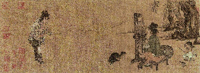 国画印刷版.宋的国画作品-北宋 王居正 纺车图 绢本26x71