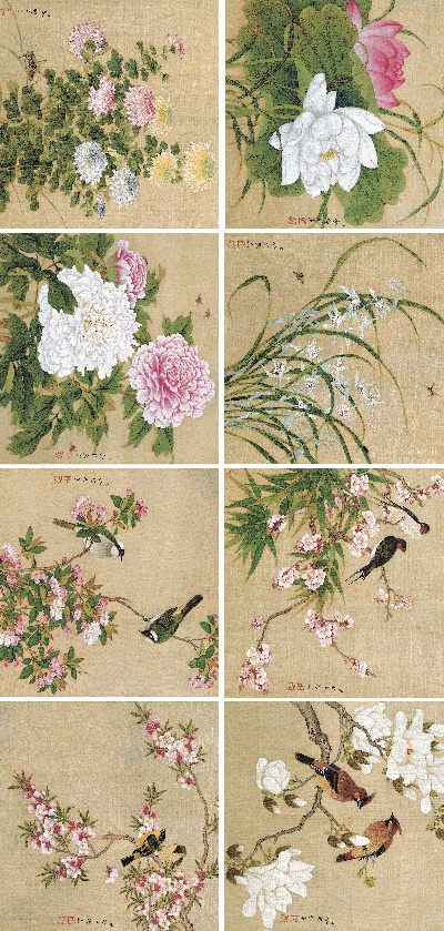 国画印刷版.清代2的国画作品-清 余稚 花鸟图 绢本37x401-8 53x50.5