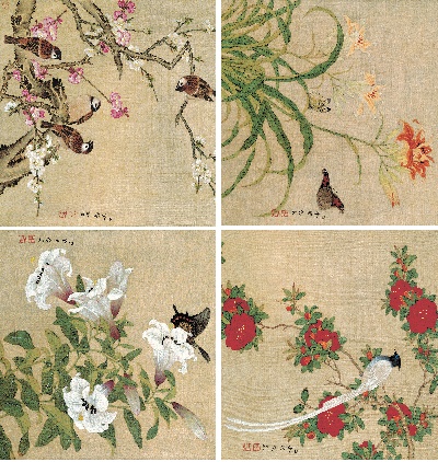 国画印刷版.清代2的国画作品-清 余稚 花鸟图 绢本37x409-12 53x50.5