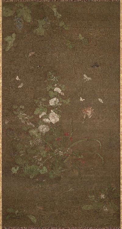 国画印刷版.元.元 佚名的国画作品- 佚名 草虫图--葡萄绢本128x68东京