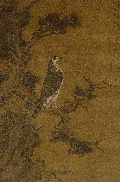 国画印刷版.元.元 张舜咨 柏鹰图的国画作品- 雪界翁 张师夔（舜咨） 鹰桧图147.3x96.8故宫博物院