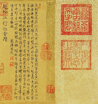 国画印刷版.五代.五代南唐 赵干 江行初雪图的国画作品-江行初雪-隔水1ok代绢