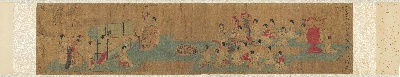 国画印刷版.五代.周文矩的国画作品-五代 南唐 周文矩(传） 合乐图(日单)41.9x184.2芝加哥艺术学院