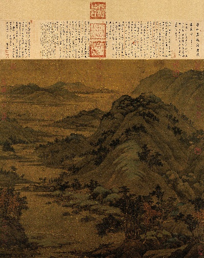 国画印刷版.五代.董源的国画作品-五代 董源 龙宿郊民图绢本156x160台北故宫