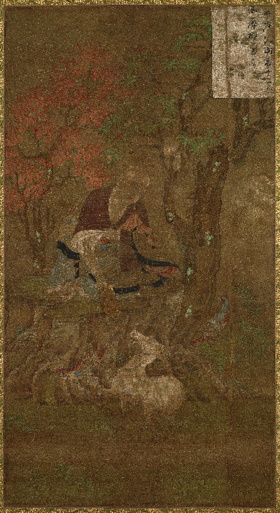 国画印刷版.五代.贯休的国画作品-五代 高僧贯休 十六罗汉像-那伽犀那尊者唐卡布本143x89北京