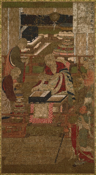 国画印刷版.五代.贯休的国画作品-五代 高僧贯休 十六罗汉像-戎博迦尊者唐卡布本143x89北京