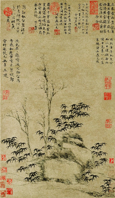 国画印刷版.元.倪瓒的国画作品- 倪瓒 古木竹石图轴 纸本64.3x37.3
