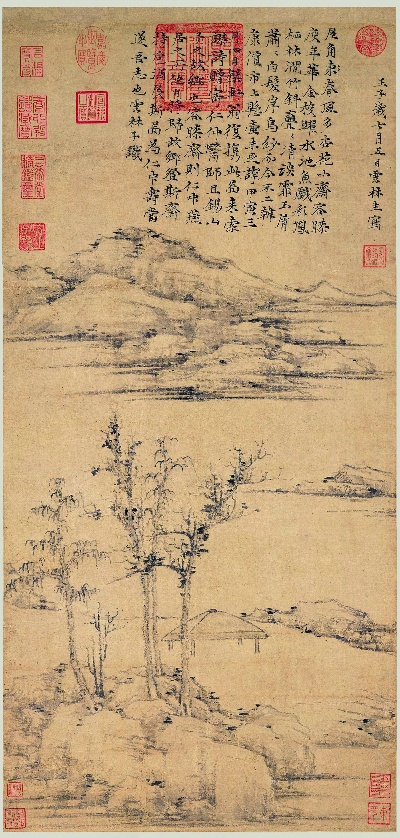 国画印刷版.元.倪瓒的国画作品- 倪瓒 容膝斋图轴纸本74.7x35.5