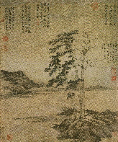 国画印刷版.元.倪瓒的国画作品- 倪瓒 疏林图轴68x57日本