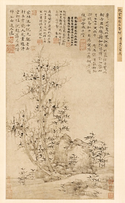 国画印刷版.元.倪瓒的国画作品- 倪瓒 筠石乔柯图轴67.3×36.8克利夫兰馆藏　