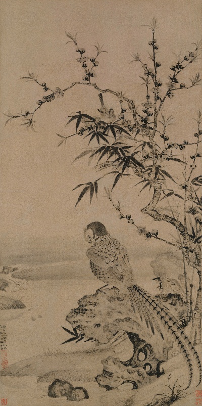 国画印刷版.元.王渊的国画作品- 王渊 桃竹锦鸡图轴 纸本(货)102.3x55.4