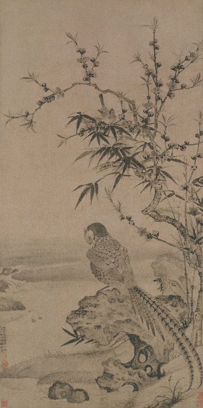 国画印刷版.元.王渊的国画作品- 王渊 桃竹锦鸡图轴 纸本102.3x55.4