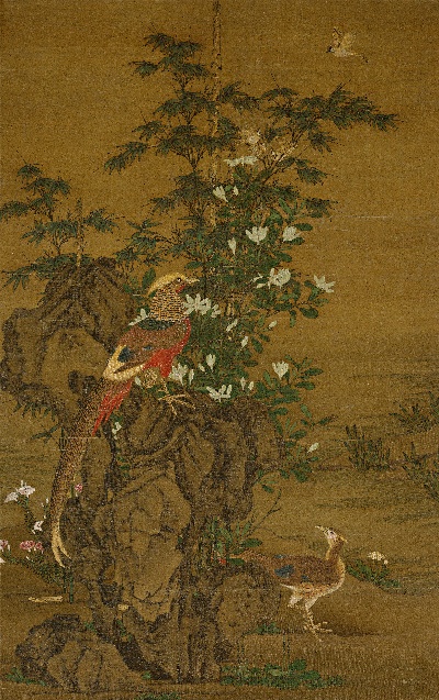 国画印刷版.元.王渊的国画作品- 王渊 花竹锦鸡图轴绢本135x85