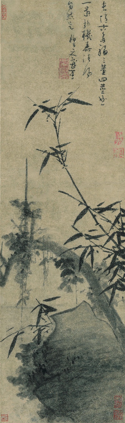 国画印刷版.元.吴镇的国画作品- 吴镇-多福图 纸本 28.2x50.2