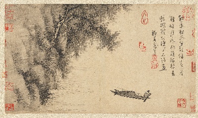 国画印刷版.元.吴镇的国画作品- 吴镇 芦滩钓艇图纸本39x65