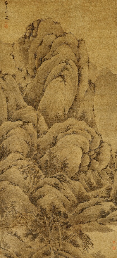 国画印刷版.元.吴镇的国画作品- 吴镇溪 山高隐图轴 绢本 印 73