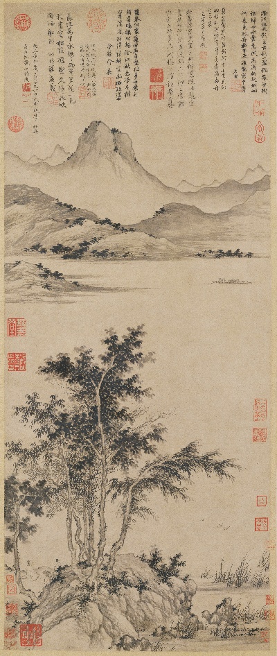 国画印刷版.元.盛懋的国画作品- 盛懋 秋江待渡图轴纸本112.5x46.3清宫旧藏