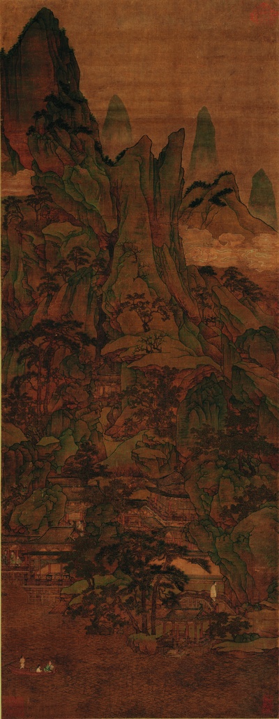 国画印刷版.元.胡廷晖的国画作品- 胡延晖 春山泛舟图(轴)绢本143x55.5