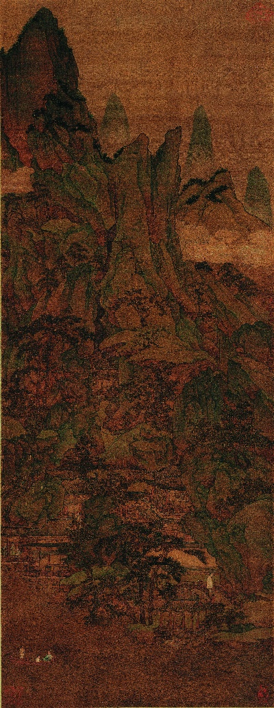 国画印刷版.元.胡廷晖的国画作品- 胡延晖 春山泛舟图(轴)绢本143x55.5
