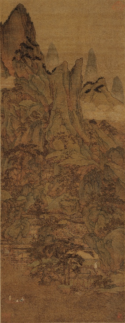 国画印刷版.元.胡廷晖的国画作品- 胡廷晖 春山泛舟图轴绢本青绿143x55.5 故宫