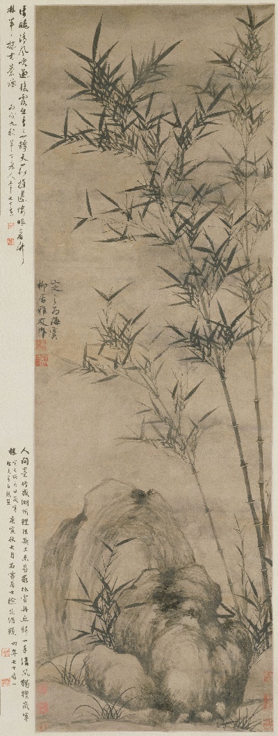 国画印刷版.元.顾安的国画作品- 顾安 竹石图轴 170x65