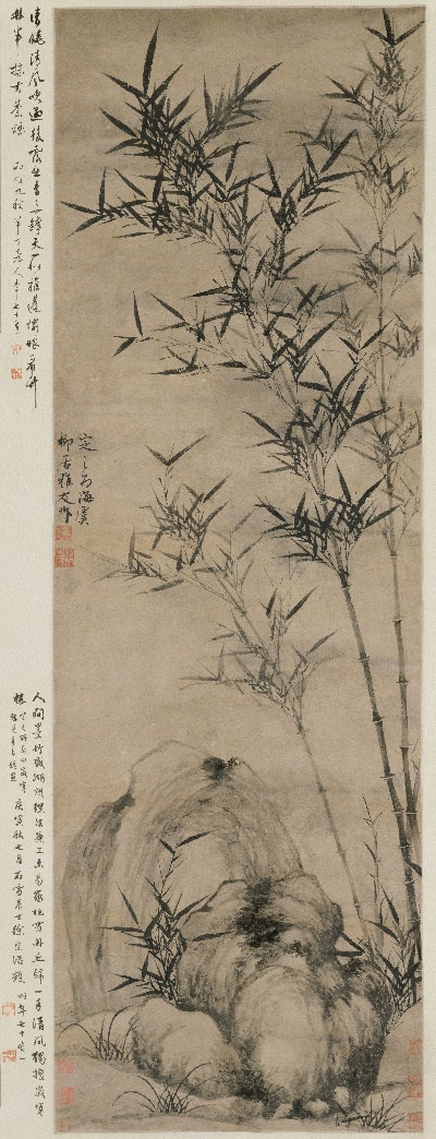 国画印刷版.元.顾安的国画作品- 顾安 竹石图轴  （最佳）绢本 170.7x99.7