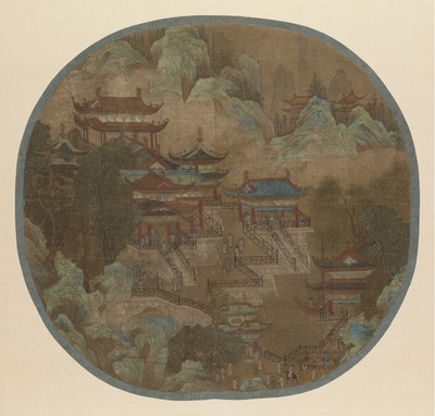 国画印刷版.宋.团扇的国画作品-夏明远 楼阁图28.0×29.5 东京国立博物馆