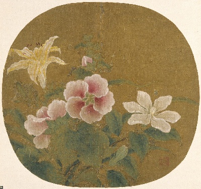 国画印刷版.宋.团扇的国画作品-宋 鲁宗贵_夏卉骈芳图页绢本23.2 x18.1