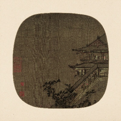 国画印刷版.宋.团扇的国画作品-佚名 高阁凌空图 绢本 27.2x27.2