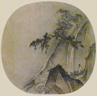 国画印刷版.宋.夏圭的国画作品-南宋 夏圭 松下观瀑46X46