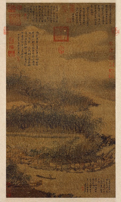 国画印刷版.宋.夏圭的国画作品-南宋 夏圭 西湖柳艇图轴绢本107.2x59.3